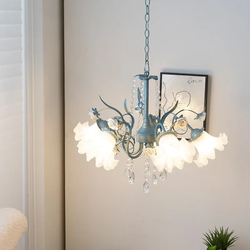 SANDYHA French Pastoral Pendant Lights Flowers Glass Crystal LED Chandelier Warm White Lighting Living Room Bedroom Decor Accent