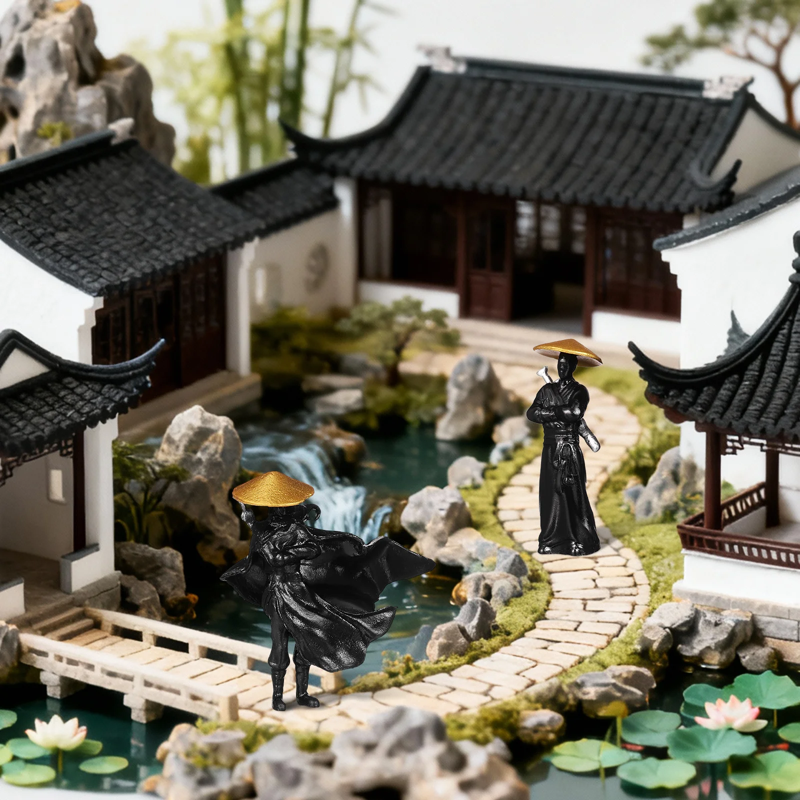 

2pcs Miniature Ancient Chinese Warrior Figurines Detailed Micro Landscape Statue For Terrarium Bonsai Garden Desktop Decor