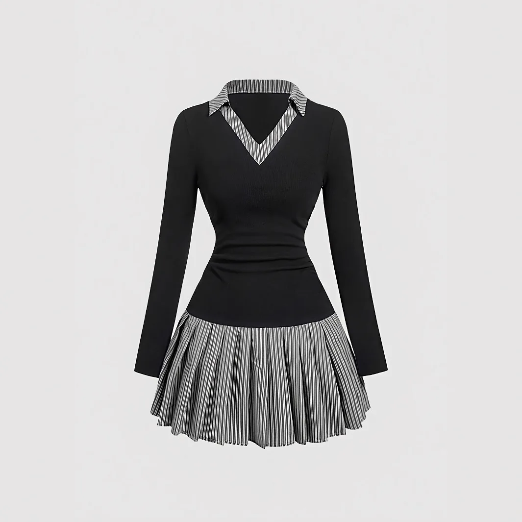 

Elegant College-style Dress Women Autumn Fashion Versatile Commuter Splicing Striped Printed Lapel Long Sleeved Pleated Dress