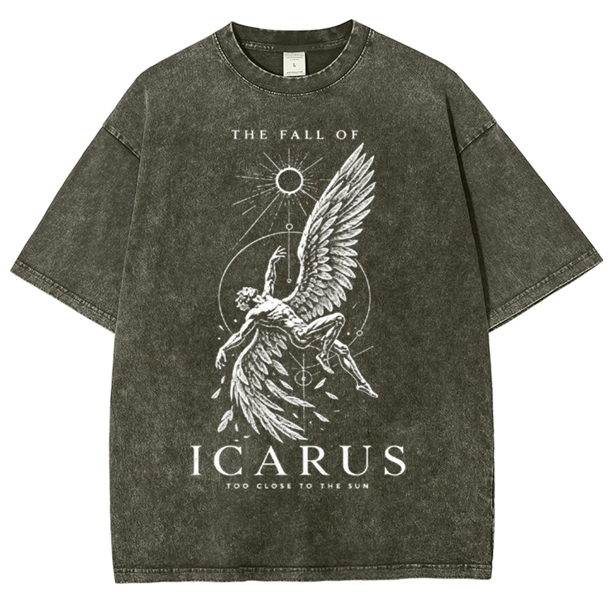 Lcarus Fall Graphic T-Shirt Too Close To The Sun Mythology Print Short Sleeve Tee Casual Loose Fit Tops for Men Daily Streetwear