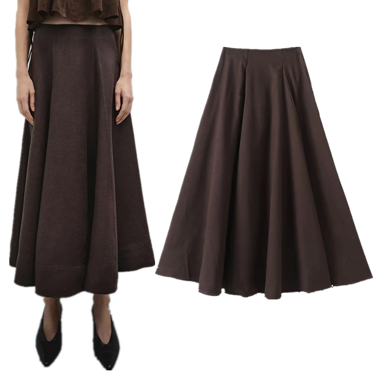

Maxdutti Japanese Minimalist Coffee Colored Cotton And Linen Skirt Women High Waist A-line Skirts Elegant Big Swing Skirt