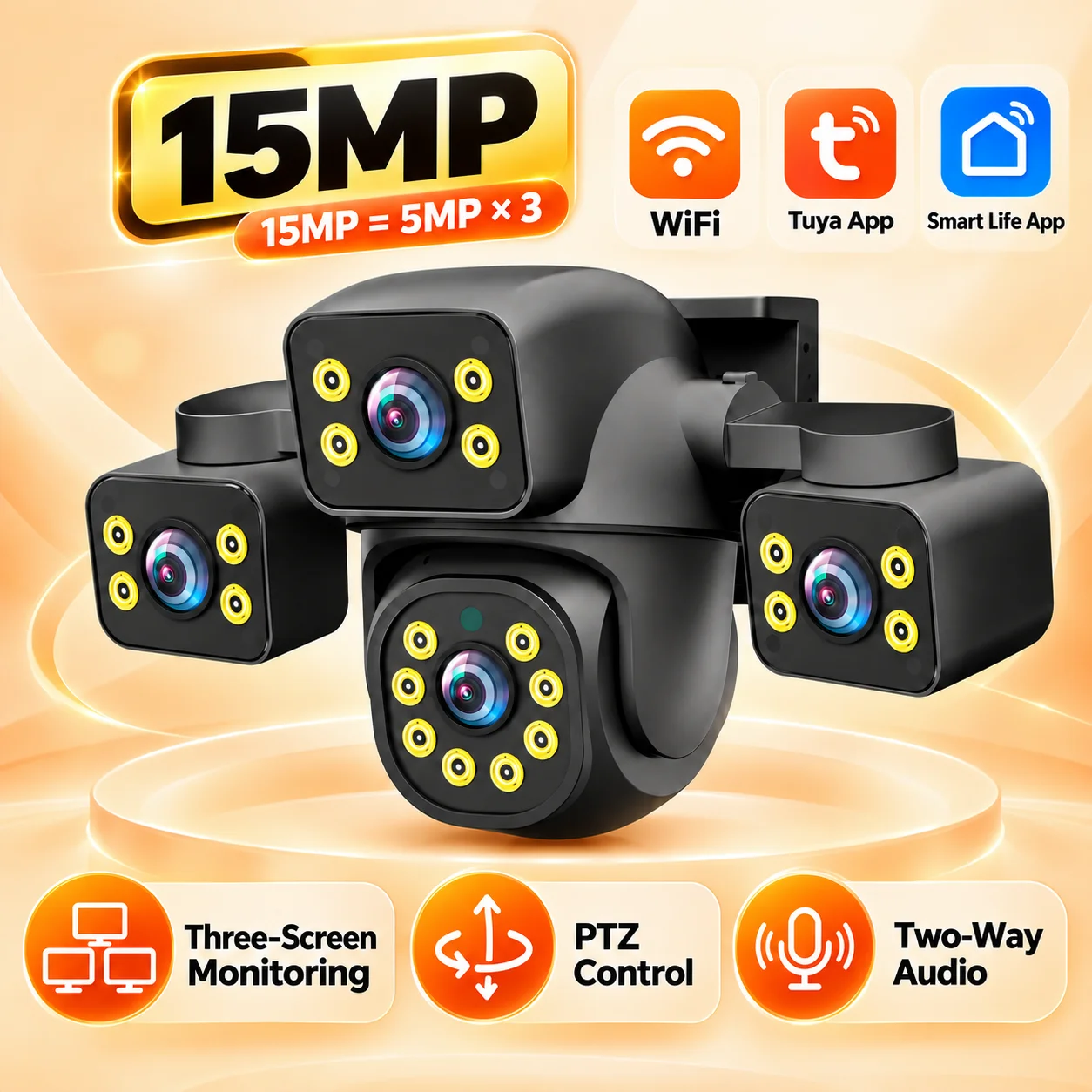 Tuya 4K 15MP Three Lens with Three Screen  Wifi Security Camera Auto Tracking Smart Life Wireless CCTV Video Surveillance Camera