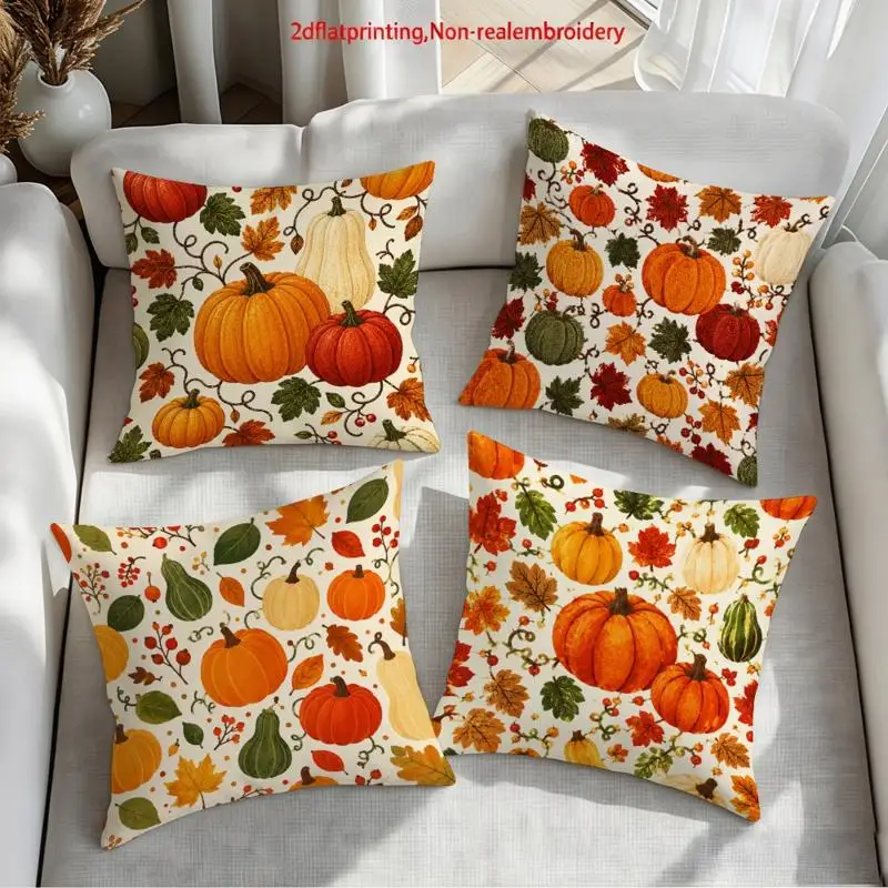 4 Piece Pumpkin Printed Throw Pillow Covers Set Autumn Fall Harvest Seasonal Decor Accent Cushions Modern Printed Cottage Style