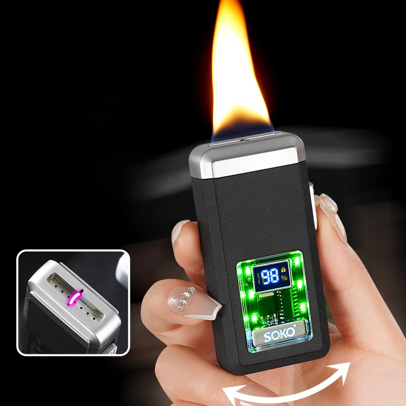

New Trendy gas-electric direct-flame lighter with three flames, high-quality color flame, and gravity-sensing ignition tool