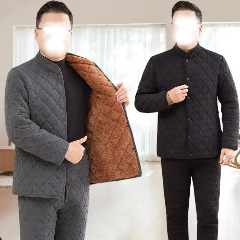 

Thiened Fce Men's Winter Clothes Set Warm Cotton Jaet And Pants Loose Fit Cold Proof Dad Sle Large Size Polyester Fiber
