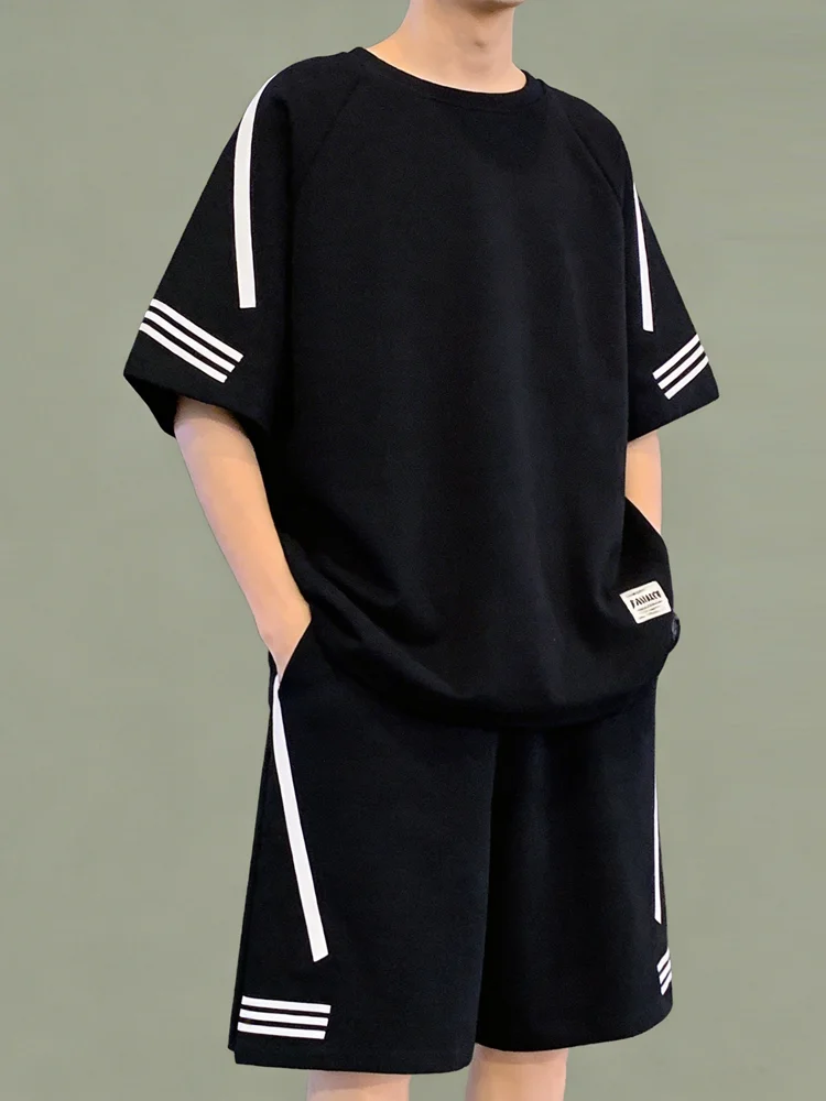 夏用カジュアルスポーツセット-メンズ-ブラック-薄手-半袖-ラウンドネック-tシャツ-ツーピース-スポーツウェア-コンボ-中学生向け