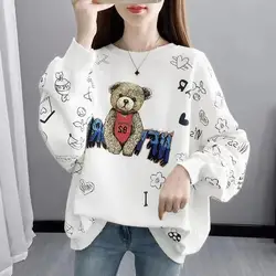 Sudaderas holgadas con estampado de dibujos animados para mujer, jerséis de manga larga con cuello redondo, Tops informales coreanos, moda de otoño e invierno