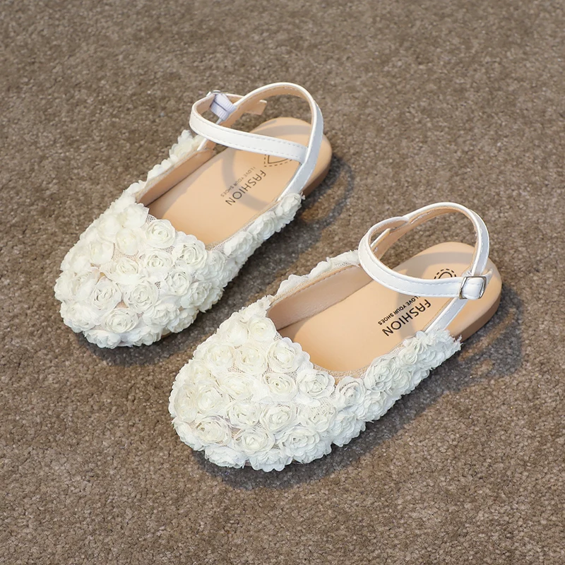 Girls Half Sandals Kids Princess Flowers Dress Shoes Fashion Simple Summer Children Flat Mary Janes Shoes for Party Wedding