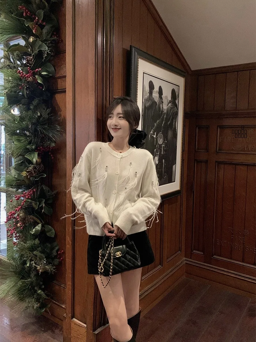 

Tinamoco iny Bird Embellied Camere Open Cardigan Women's Knitted Sweater Winter Faion Bright Sequin Camel Coated