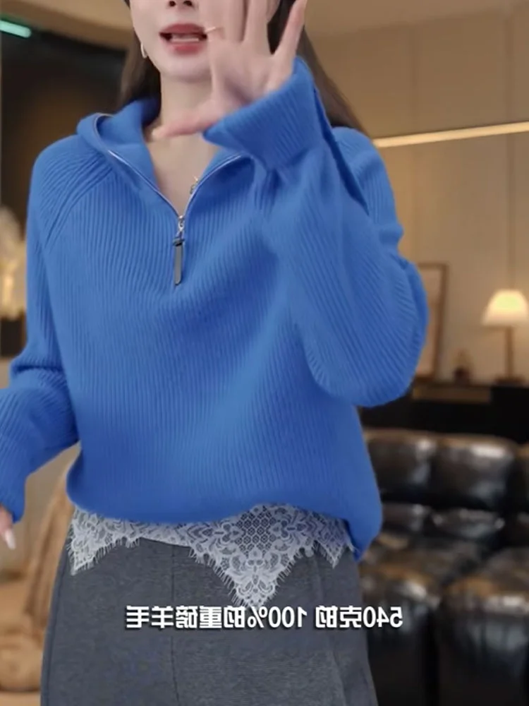 เสื้อคลุมไหมพรมมีฮู้ดสำหรับผู้หญิง ฤดูใบไม้ร่วง ฤดูหนาว แขนยาว สวมหัว สไตล์ลำลอง แฟชั่น ดีไซน์ซิป ไซส์ใหญ่ ใส่เป็นเสื้อตัวในได้