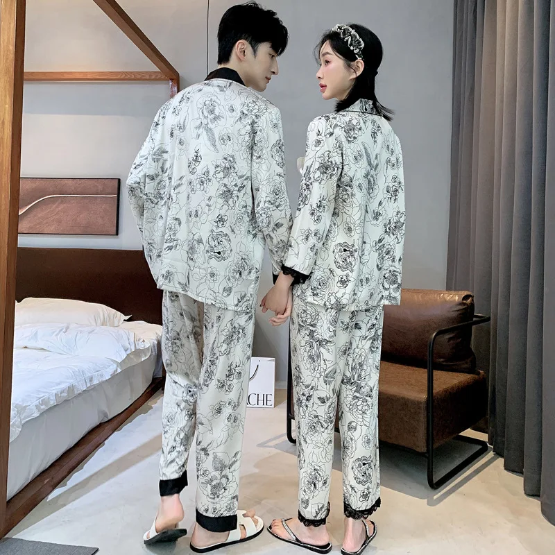 High Quality Satin Couple Pajamas Suit Men Spring Nine quarter sleeves Thin Ice Silk Sleepwear Set Women Summer Home Clothes Boy