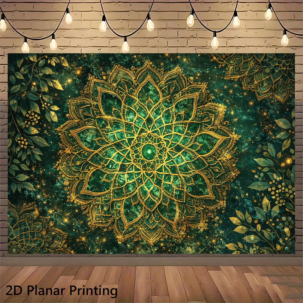 Luxury Mandala Tapestry Boho Wall Hanging Cosmic Green Gold Galaxy Art Fabric Decor for Living Room Bedroom