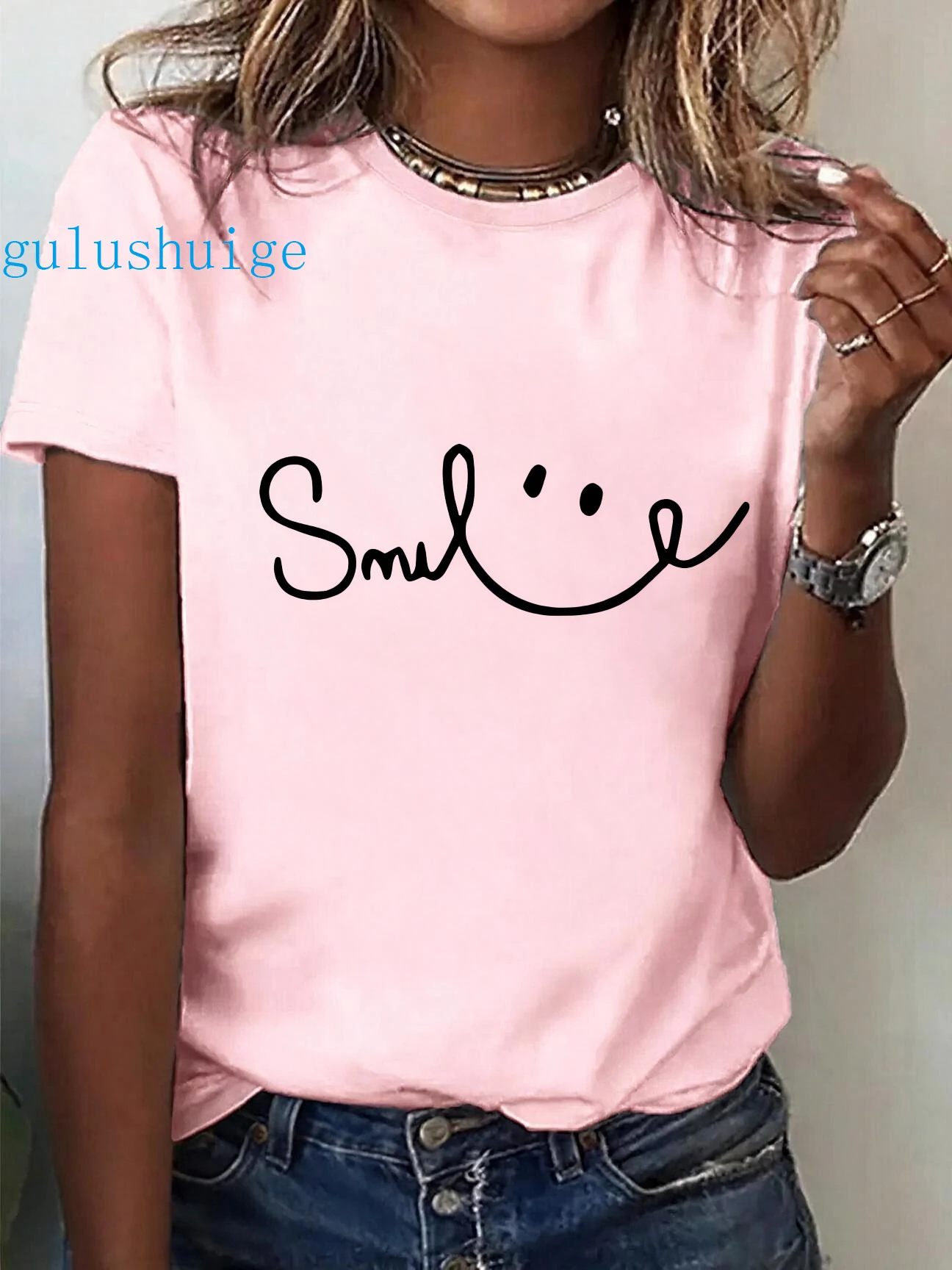 Women's Short Sleeve T Shirt with Smile Letter Print 90s Crew Neck Tees Tops Casual Gothic Y2k Tshirt Vintage Clothes Female 90s