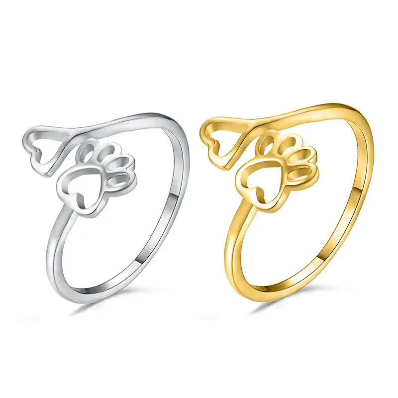 Stainless Steel Pet Cat Claw Adjustable Rings Cute Love Heart Dog Paw Print Open Ring