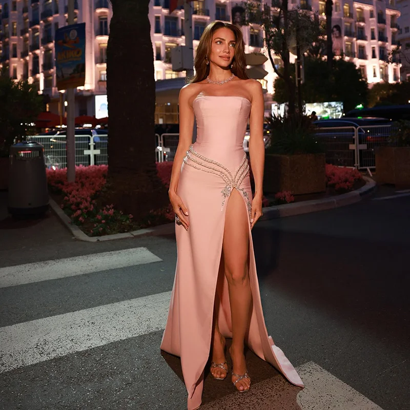 Thinyfull Sexy Mermaid Prom Evening Dresses Strapless Side Slit Beadings Party Dress Formal Cocktail Ball Prom Gowns Customized image 2