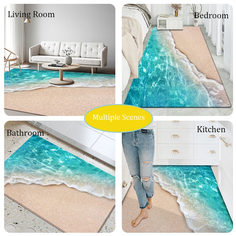 Tapis 3D en Polymères pour Salon, Grands Vagues, Plage, Chambre d\'Enfant, Bleu, Moderne, Maison