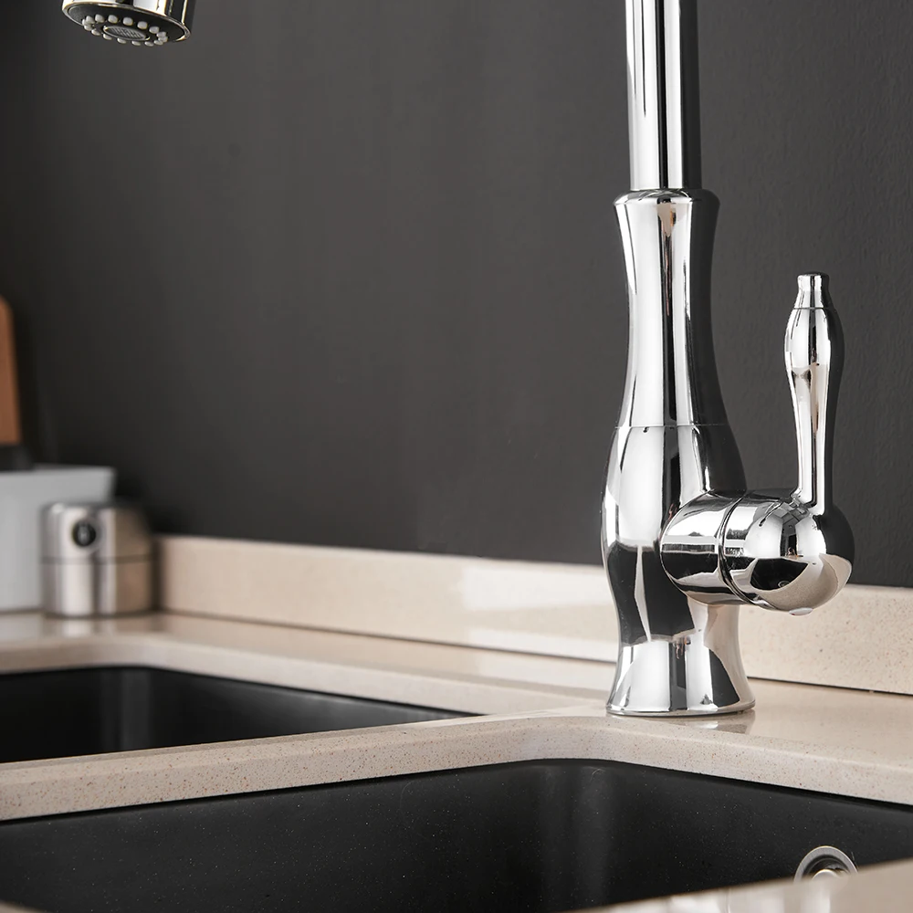 صنابير المطبخ الذهبية الفضة مقبض واحد سحب صنبور المطبخ ثقب واحد مقبض قطب درجة صنبور حوض خلاط المياه صنبور حوض خلاط 866011