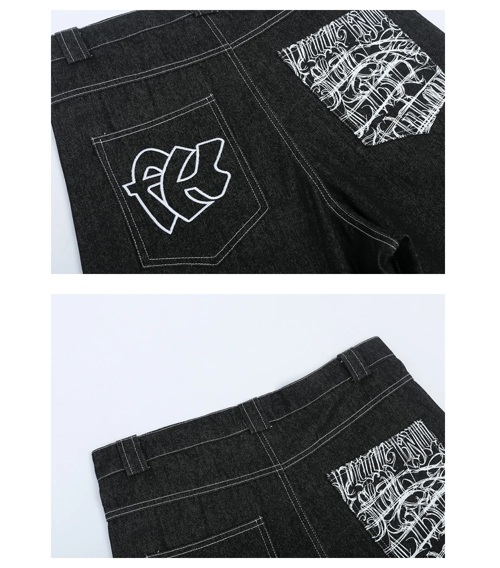 Bestickte lose Jeans shorts Herren Sommer Streetwear schwarze knielange Jeans shorts – Detail 12