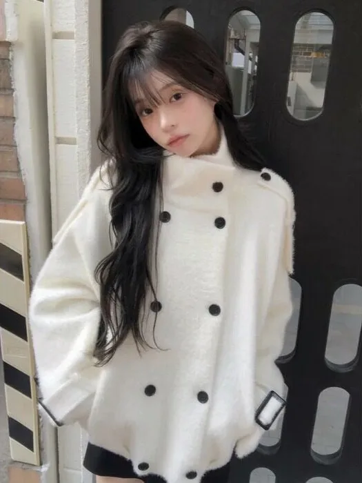 Korean Style Chic Short Knitted Sweater Coat Winter Long Sleeve Turn-down Collar Double-breasted Elegant Women's Outerwear