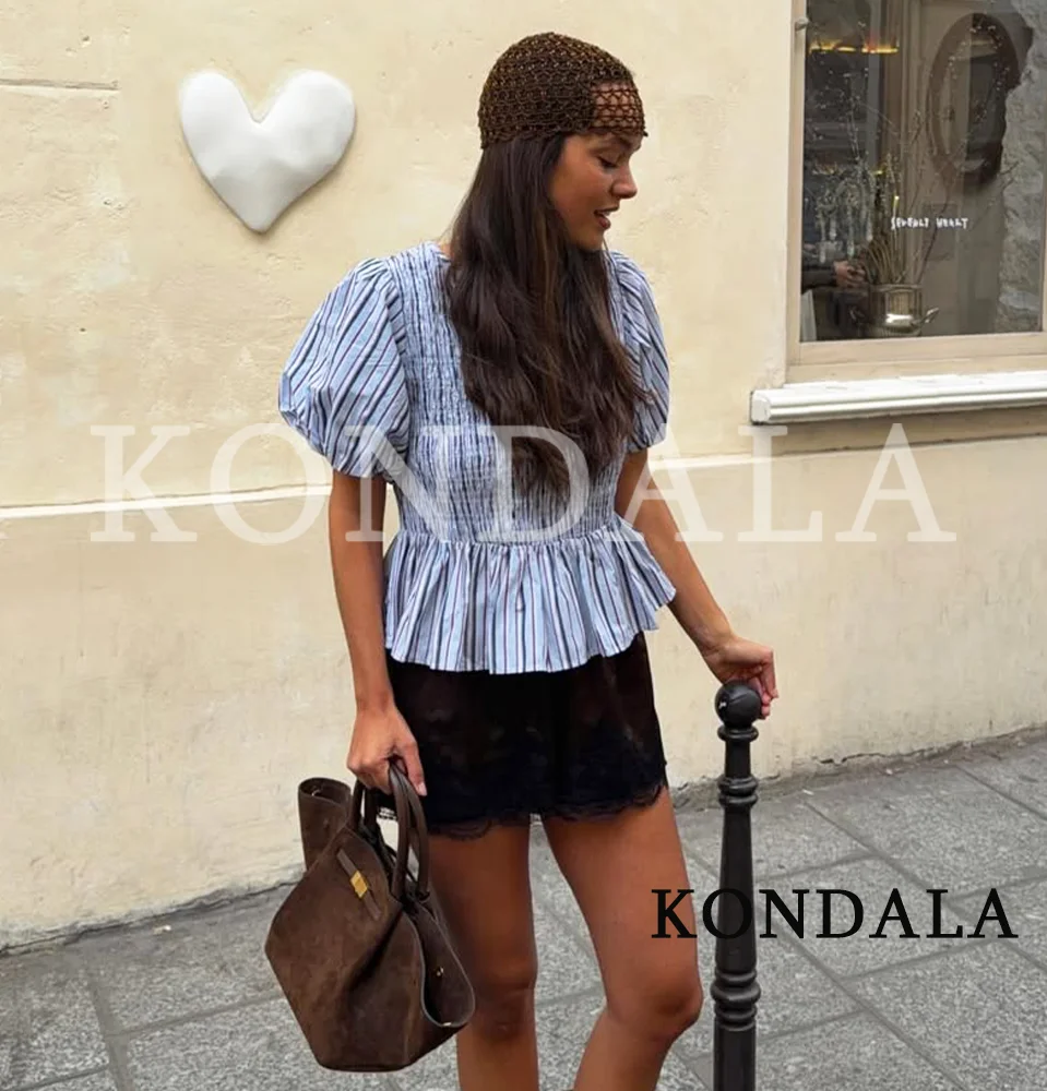 Image of KONDALA Freizeit-Hemd mit Wabenmuster und Streifen für Damen, Elegantes Urlaubshemd mit Kurzen Puffärmeln, Trendiges Street-Style-Hemd für den Sommer 2026