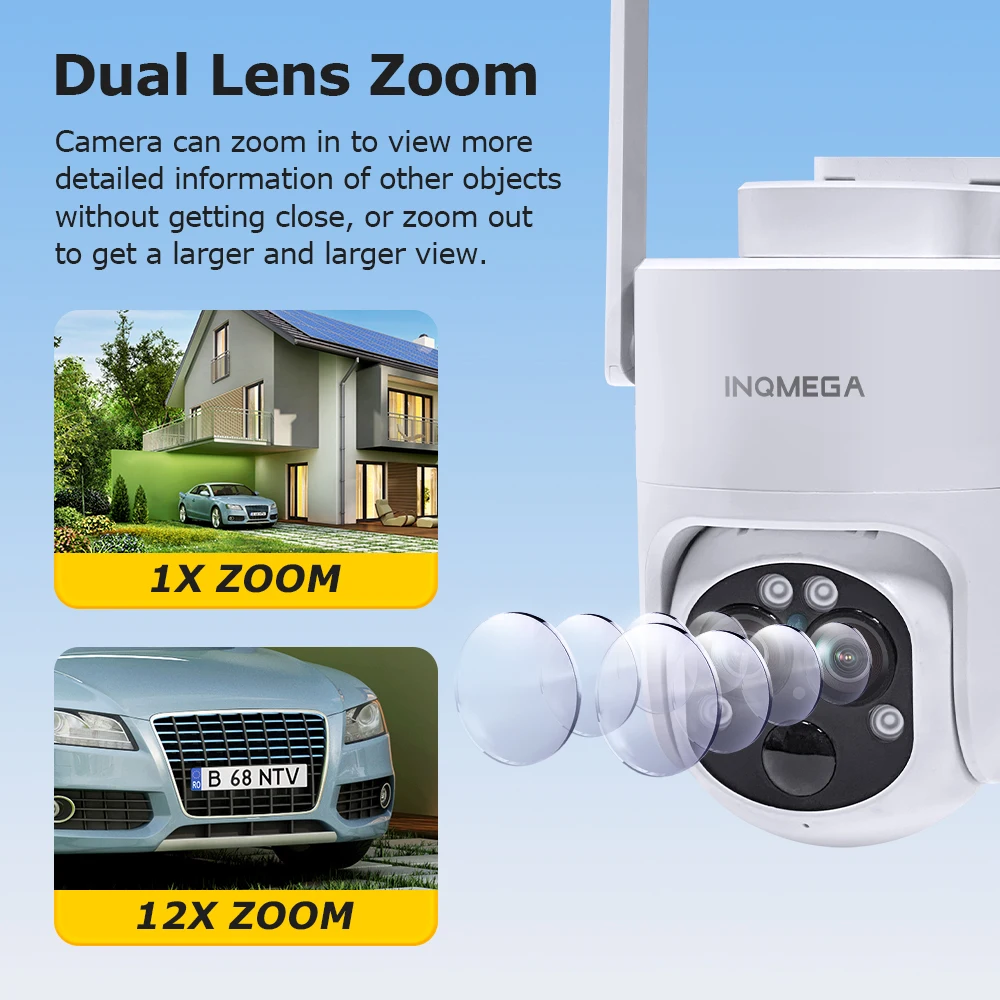 INQMEGA 12X Zoom 4G SIM Solar Security Camera 6MP Night Vision Dual-Lens Outdoor WiFi Solar Battery Camera PIR Human Detection