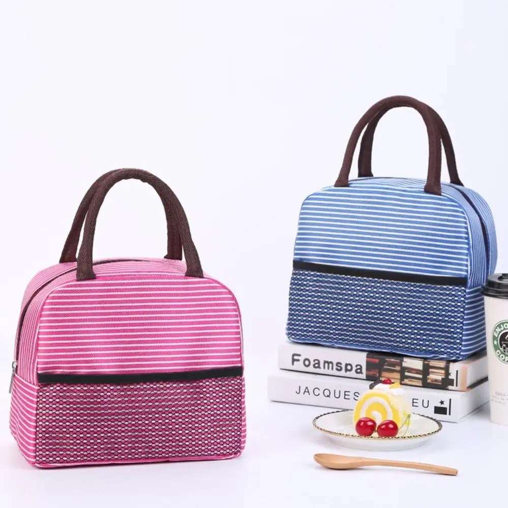 Food Storage Bag Aluminum Film Lining Striped Thermal Lunch Bag Insulated Large Capacity Handbag Zippered Tote Bag Student