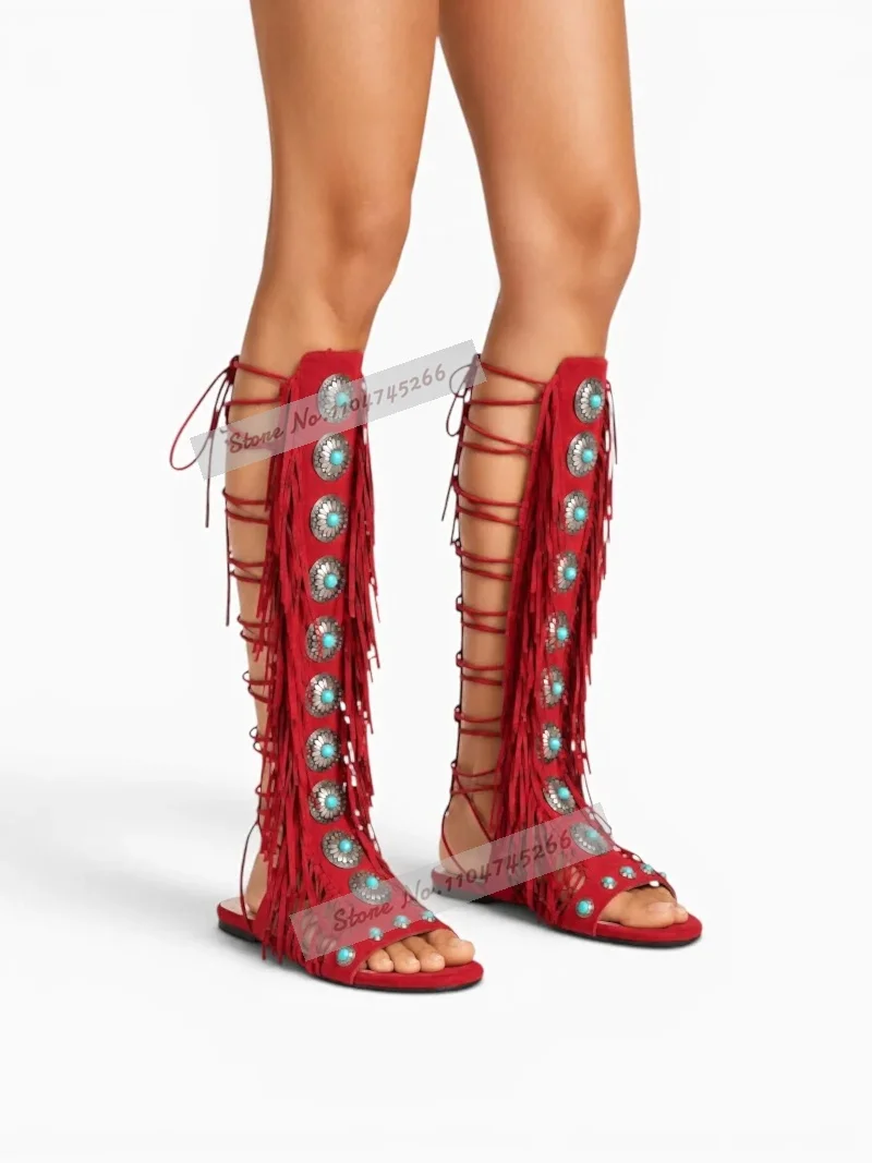 Women Black Suede Fringe Knee High Summer Boots Silver Metal Ring Buckle Turquoise Beaded Sandal Boots Platform Stiletto Heels view 6