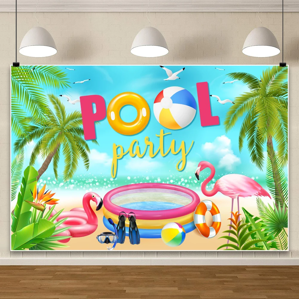 الصيف الاستوائية شاطئ بركة التصوير خلفية فلامنغو مظلة العائمة دائرة شجرة النخيل العلامة التجارية جوز الهند خلفية التصوير الفوتوغرافي