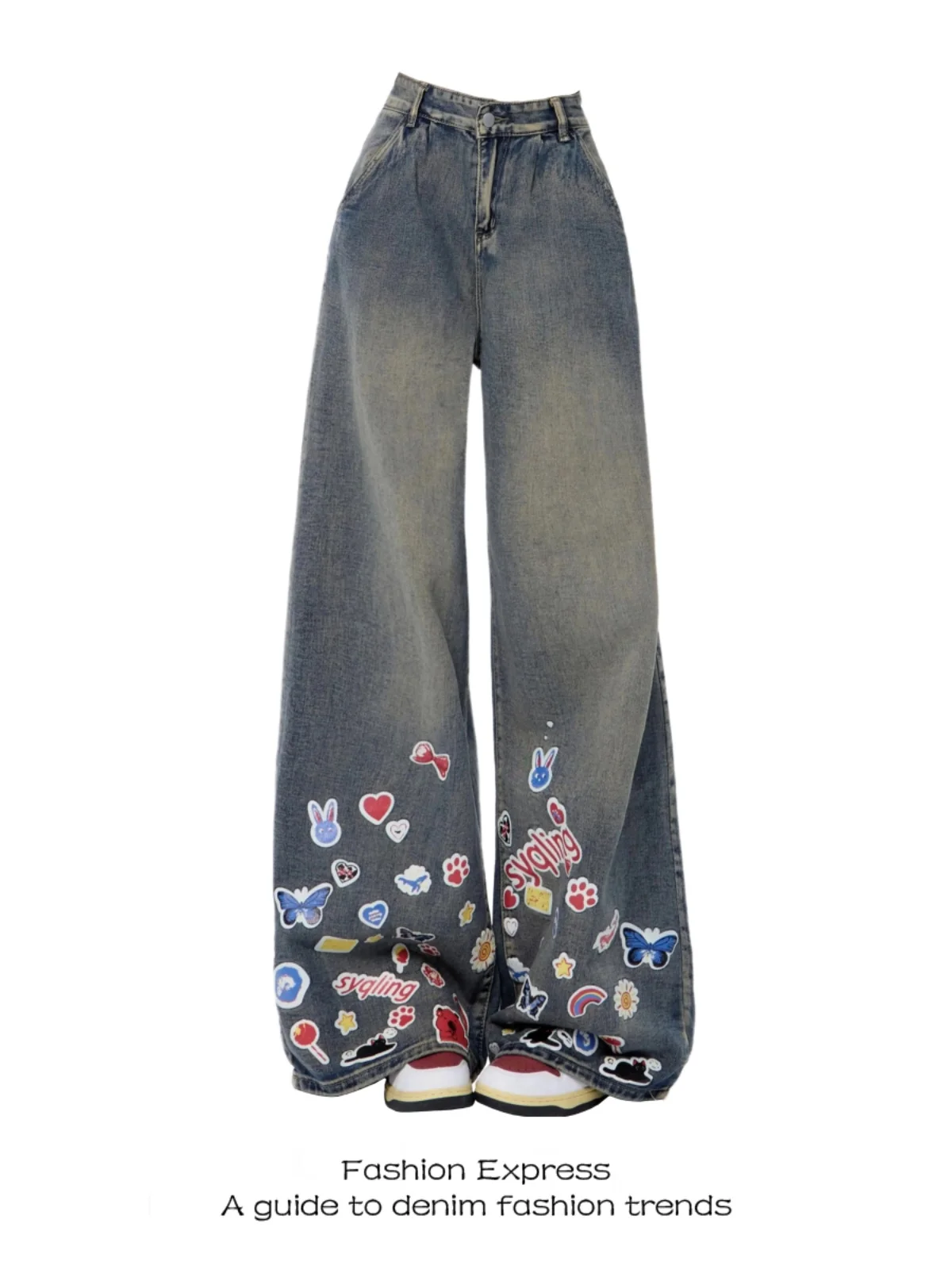 plus Size Women's Cartoon Print Wide Leg Jeans High Waist Loose Fit Spring Design Long Casual Trousers Blue Waed Denim