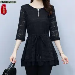 L-5XL Loose Clothes 2023 Women Summer Elegant Office Lady Work Black Lace Shirt Casual Slim Waist Tunic Peplum Tops And Blouses