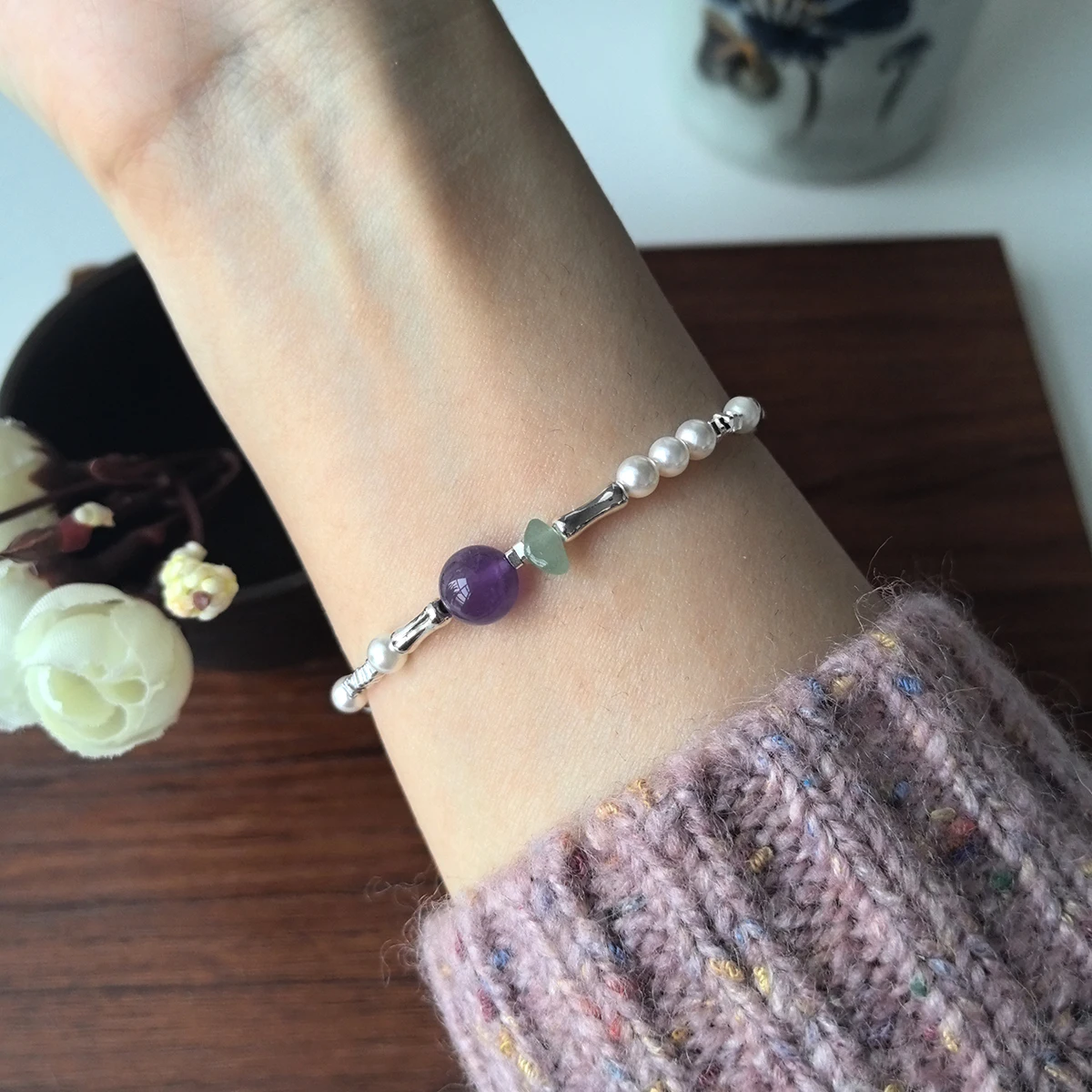 Sam Panda 925 Sterling Silver Natural Shell Pearl Amethyst Bamboo Bracelet For Women Gift Aventurine Jewelry Dropshipping