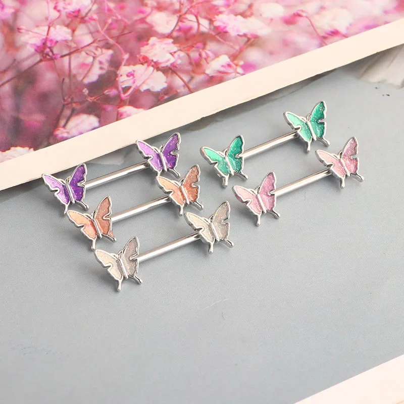 wholesales butterfly nipple rings 5 colors 16mm 14g nipple shield body piercings nipple bar for women