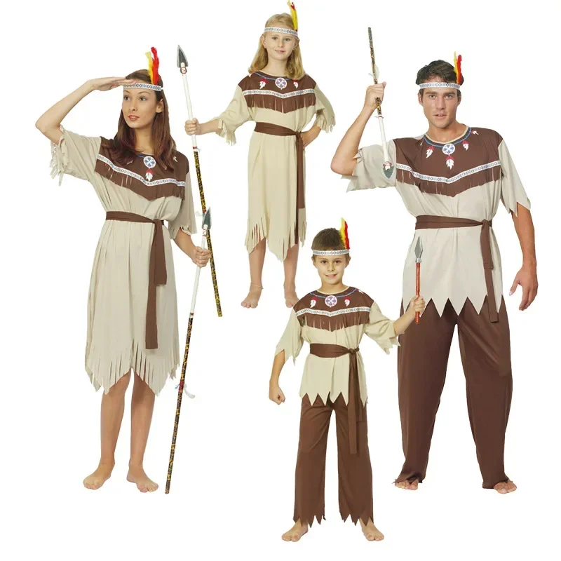 New Arrival Halloween Kids Aboriginal Indian Primitive Party Cosplay Costume Boys Girls Leopard Viking Savage Robes Dress Stage