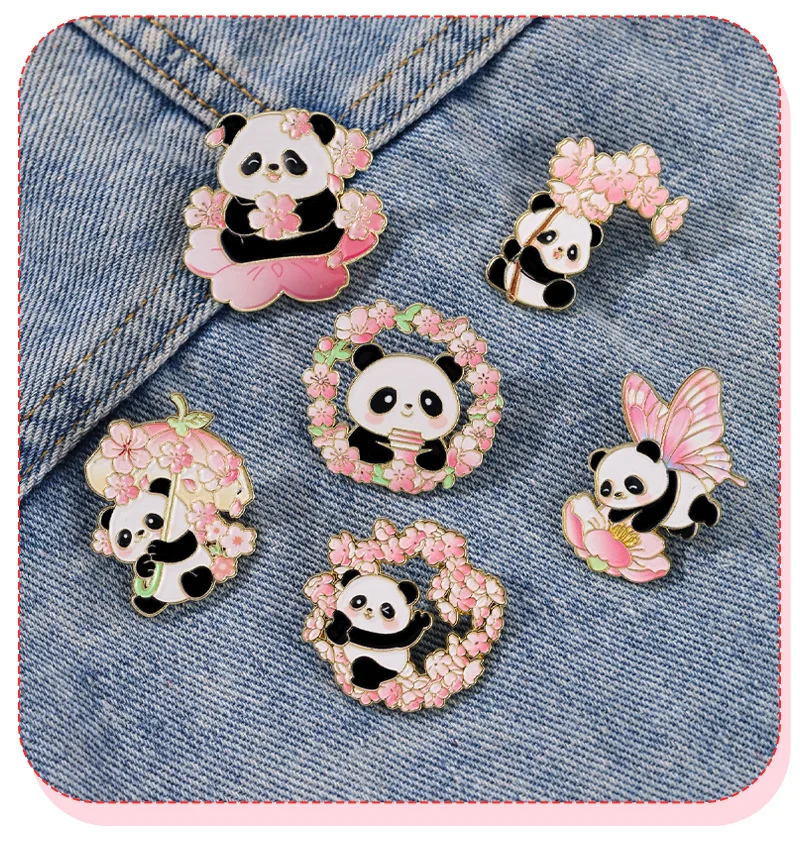 6Pcs Kawaii Chibi Sakura Panda Enamel Pins Cartoon Cherry Blossom Animal Pandas Brooch Lapel Badge Backpack Decor Prop Fans Gift