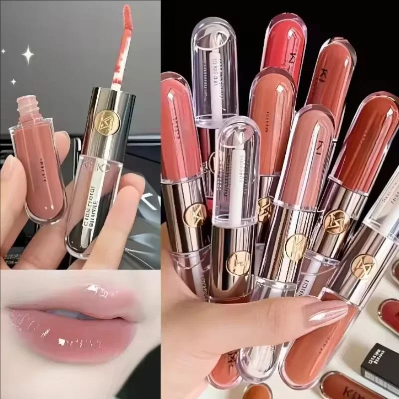 Novo brilho labial de duas cabeças, transparente, durável, copo antiaderente, espelho, batom, leite, chá, pasta de feijão, maquiagem labial