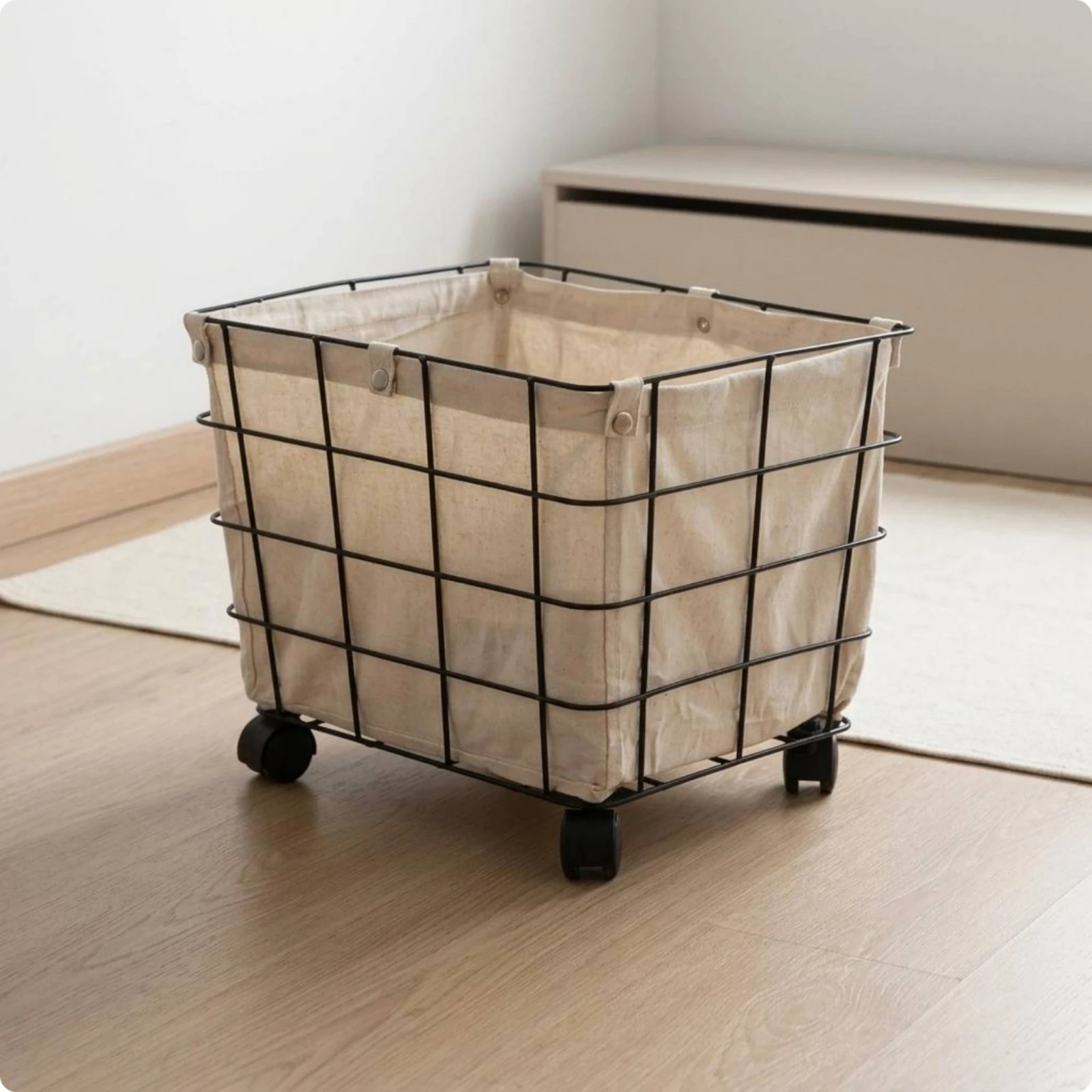 Rolling Wire Storage Basket Open Top Wire Rolling Basket Canvas Lined Basket Rectangular Multipurpose for Nursery