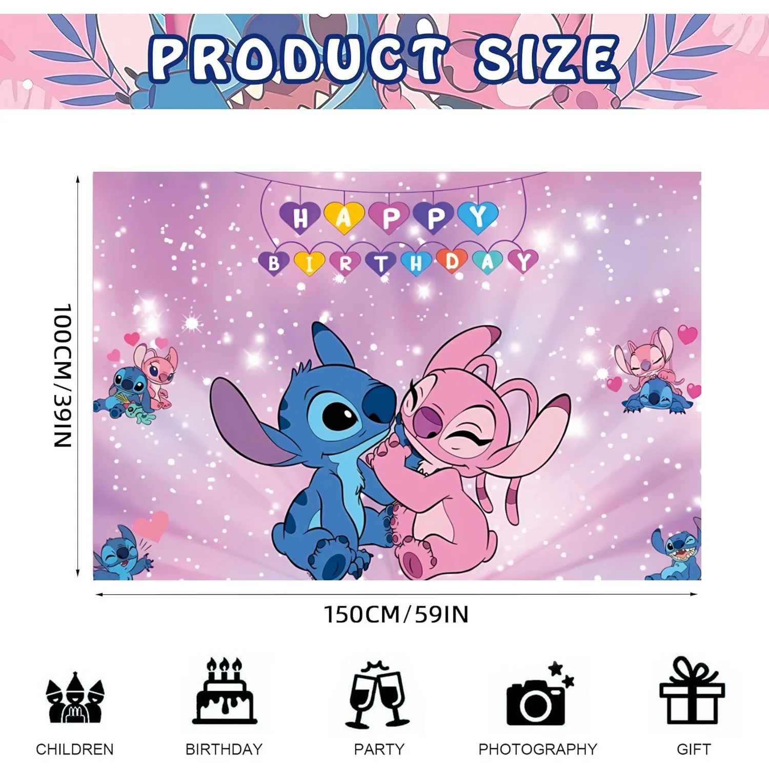 Anime Stitch Lilo Party Backdrops Children\'s Happy Birthday Background Cartoon Hanging Banner Kid Room Ornament Wall Decoration