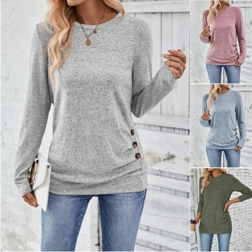 Women's Pullover 2025 Autumn Winter Latest Solid Color Long Sleeved Hollow Shirt Round Neck Pleated Waist Button Decoration Top