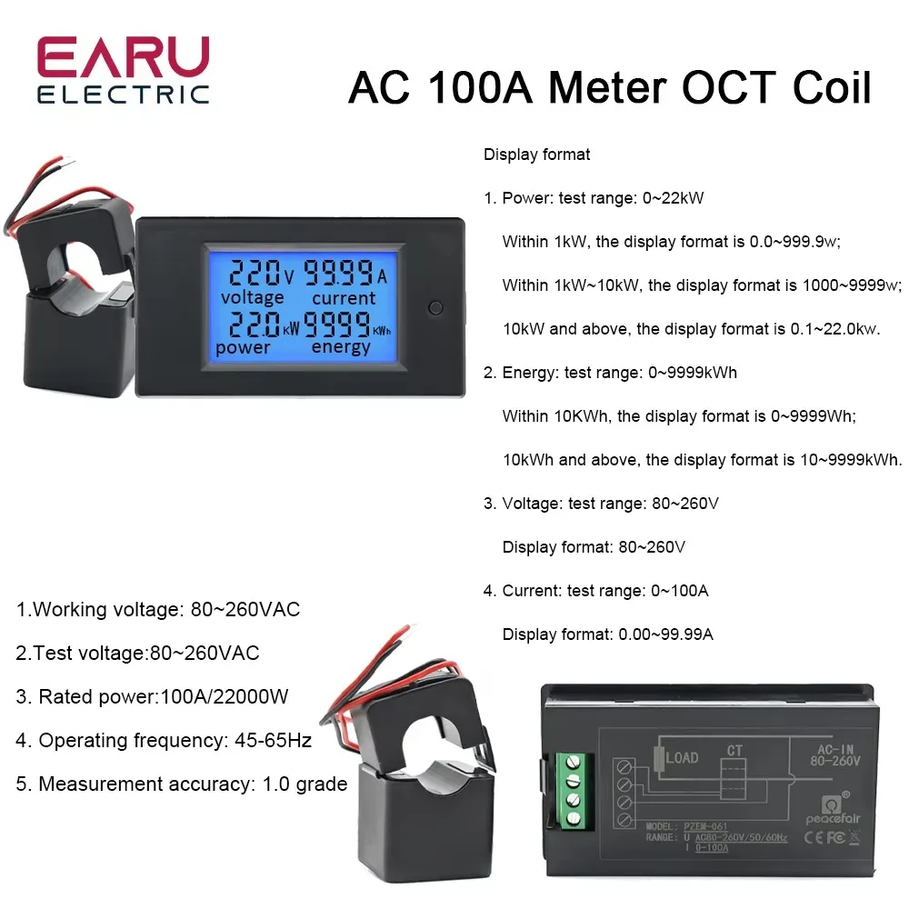 20A 100A AC 80-260V DC6.5-100V Mutilfunctional LCD Display digitale voltmetro amperometro wattmetro misuratore di energia misuratore di potenza