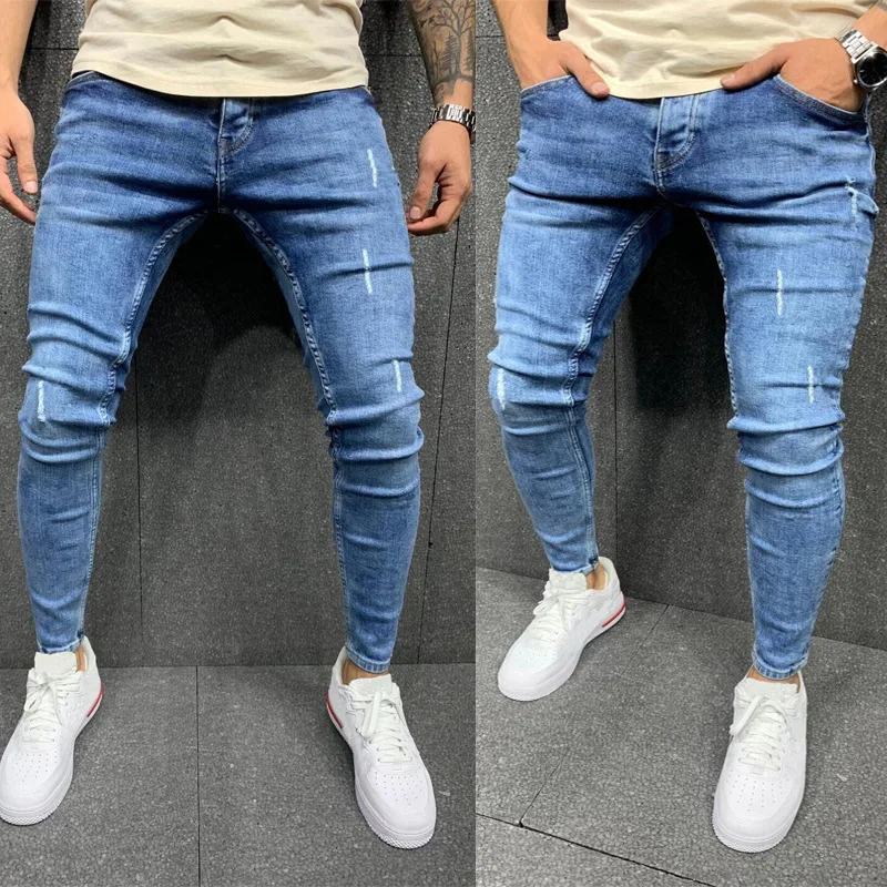 Men's Worn Out Leg Stretch Skinny Jeans Vintage Wash Solid Denim Trouser Mens Casual Slim Fit Pencil Pants