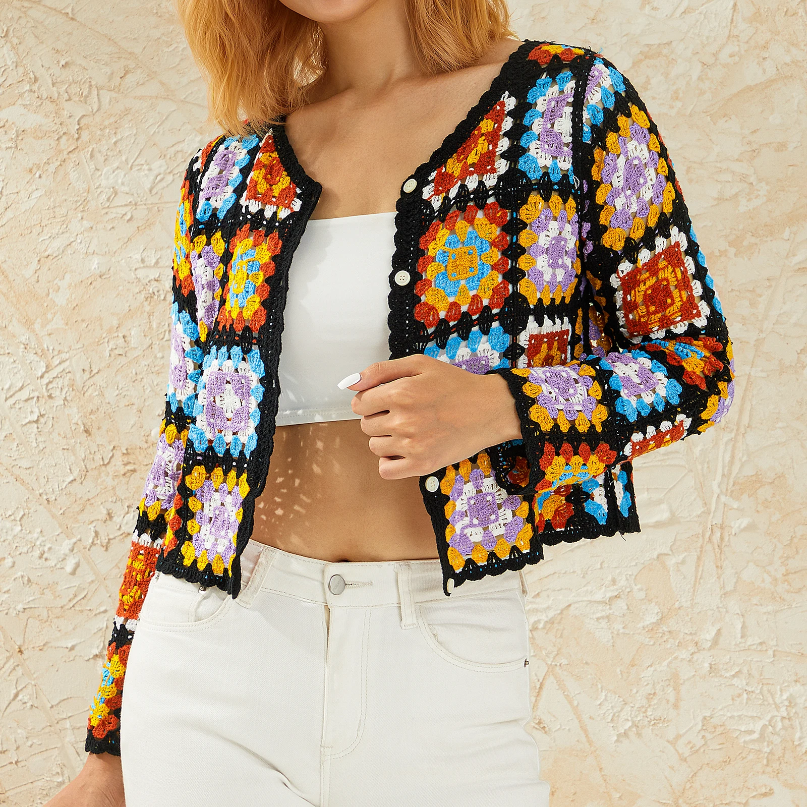 Women's Bohemian Knitted Cardigan Elegant Vintage Colorful Square Patchwork Long Sleeve V Neck Button Cutout Sweater