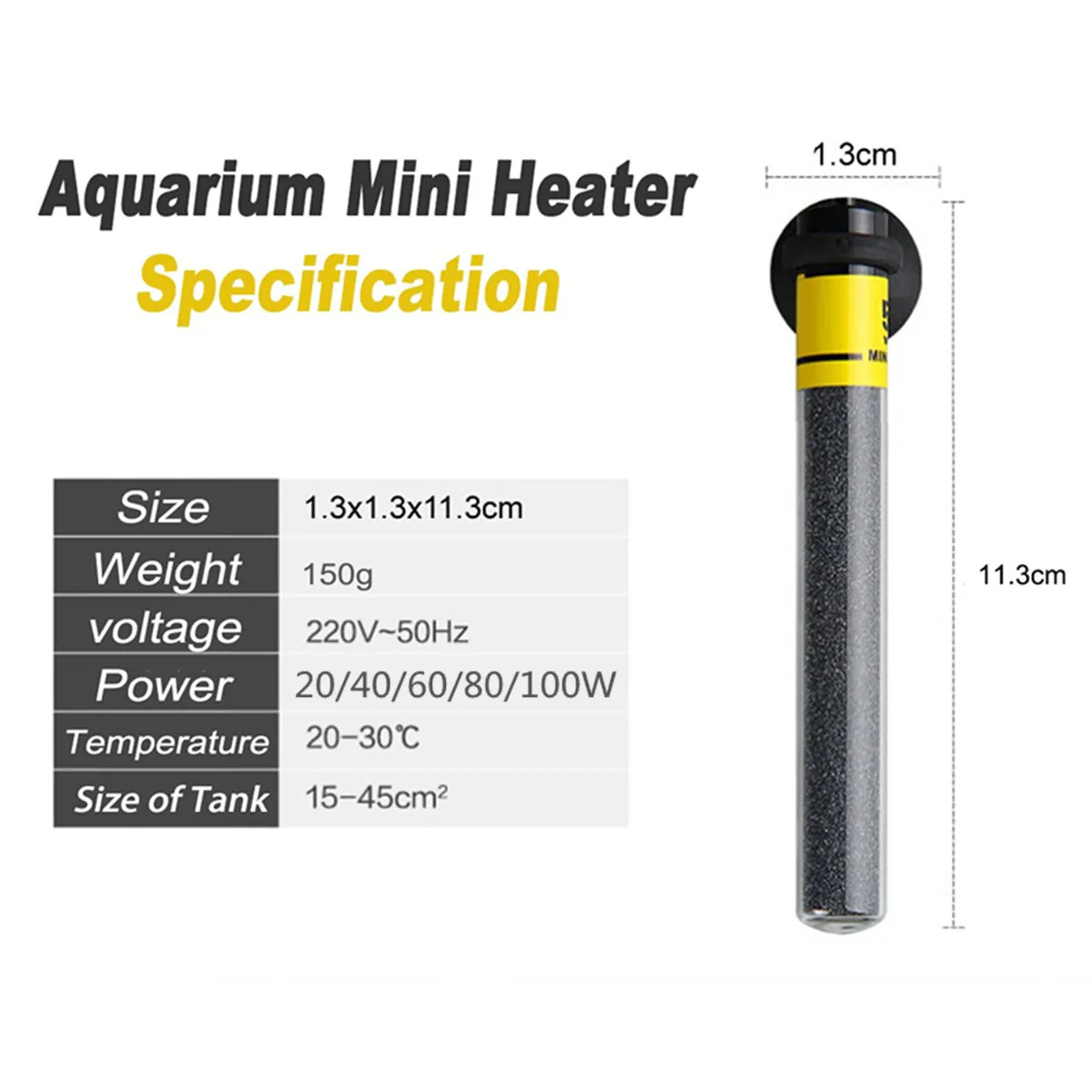 220V Mini Adjustable Aquarium Heater Submersible Turtle Fish Tank Water Heater Constant Water Temperature Heater Rods 20W-100W