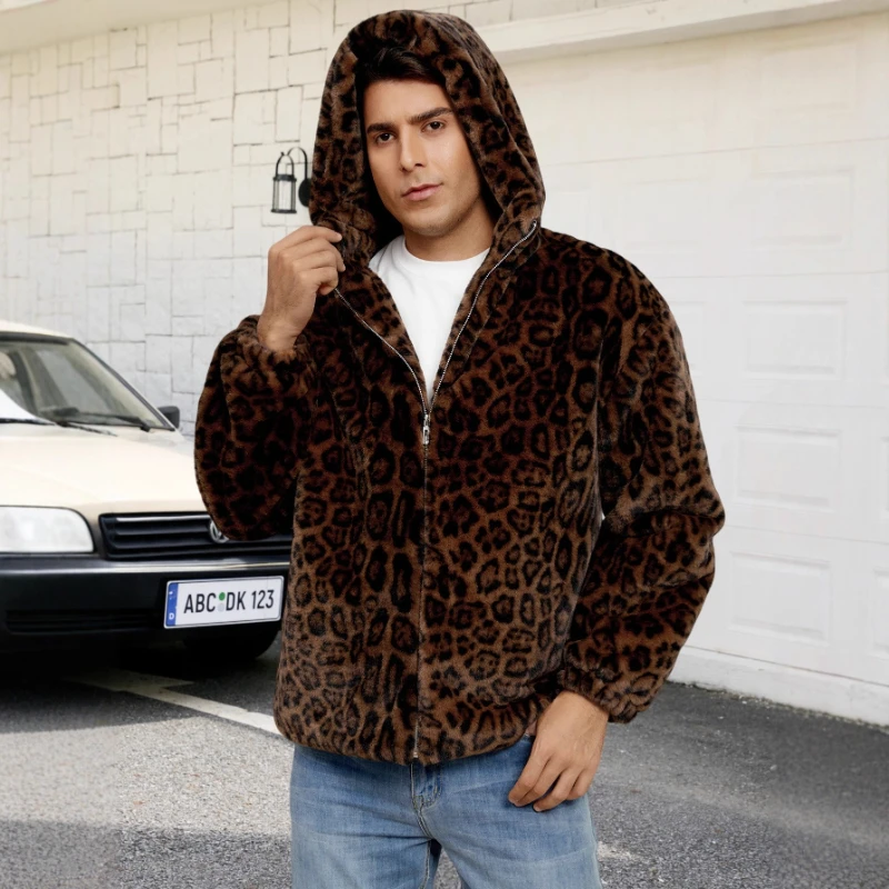 

Европа и Америка, осеннее и зимнее пальто из искусственного меха с леопардовым принтом, плюшевая теплая утепленная мужская куртка с капюшоном, трендовая удобная