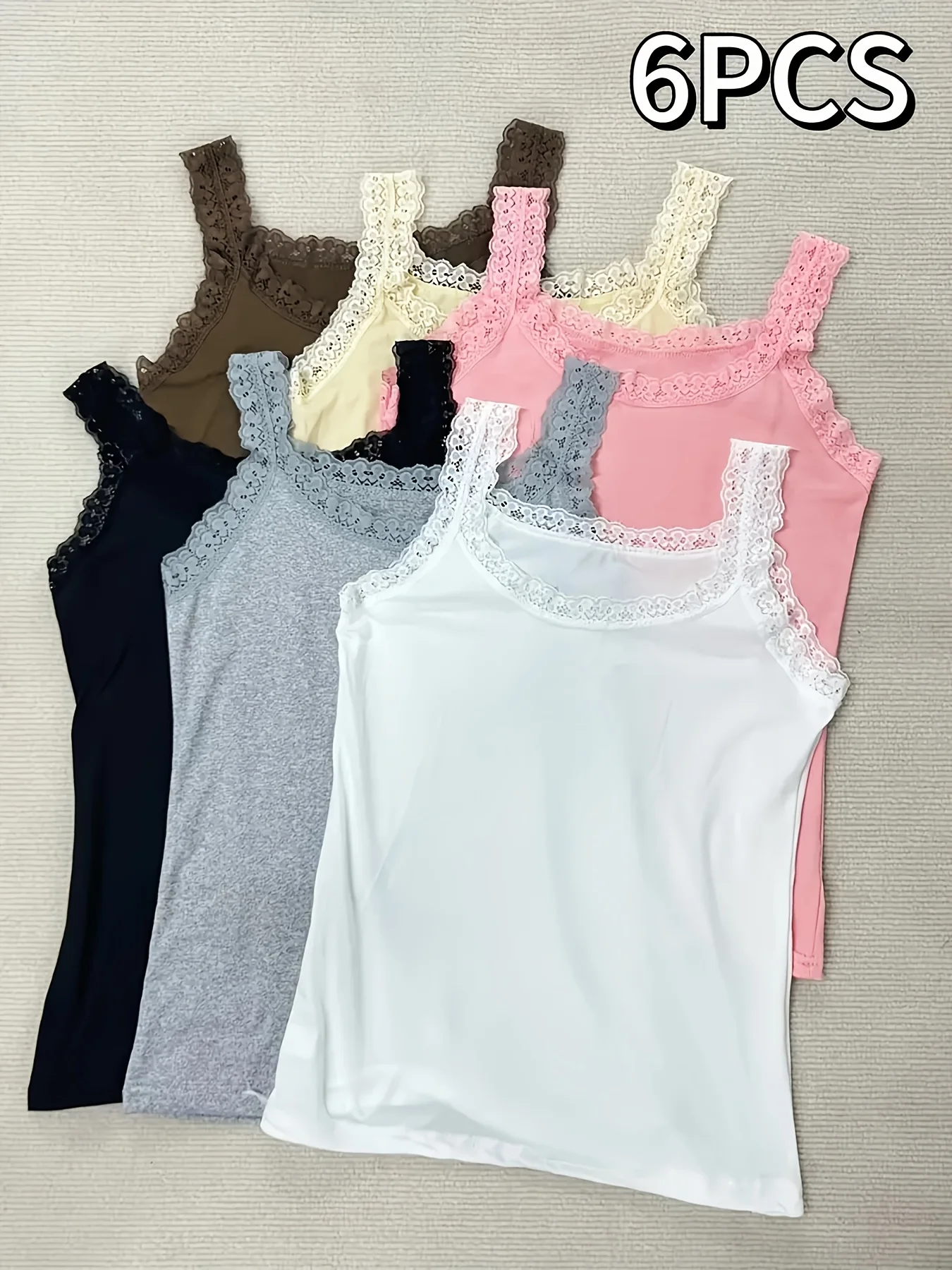 Camisola de encaje de talla grande para mujer, 6 piezas, camisetas sin mangas de encaje finas y sexys, chaleco básico de color liso para uso interior y exterior