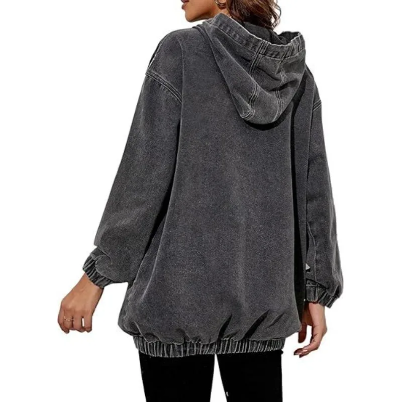 Autumn Winter Loose Fit Denim Women Hoodie Sweatshirt  Washed Out Jacket Retro Style Cotton Women's Casual Streetwear