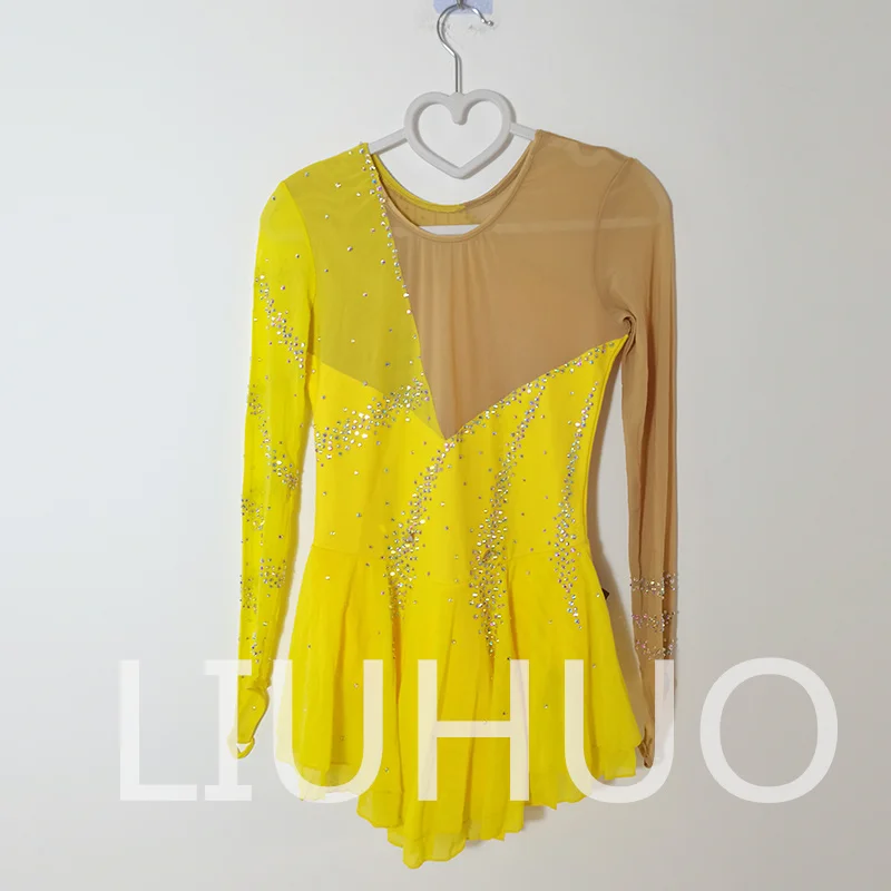LIUHUO Abito da pattinaggio artistico su ghiaccio Ragazze Donne Adolescenti Abito da competizione giallo in spandex elastico all'ingrosso