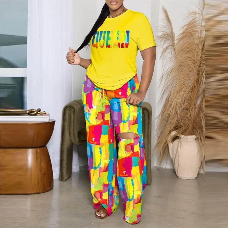 Two Pieces Sets Spring Summer New Casual Print Short Sleeve Wide Leg Pants Set Fashion Pants Loose T-shirt Set Women\'s Clothing