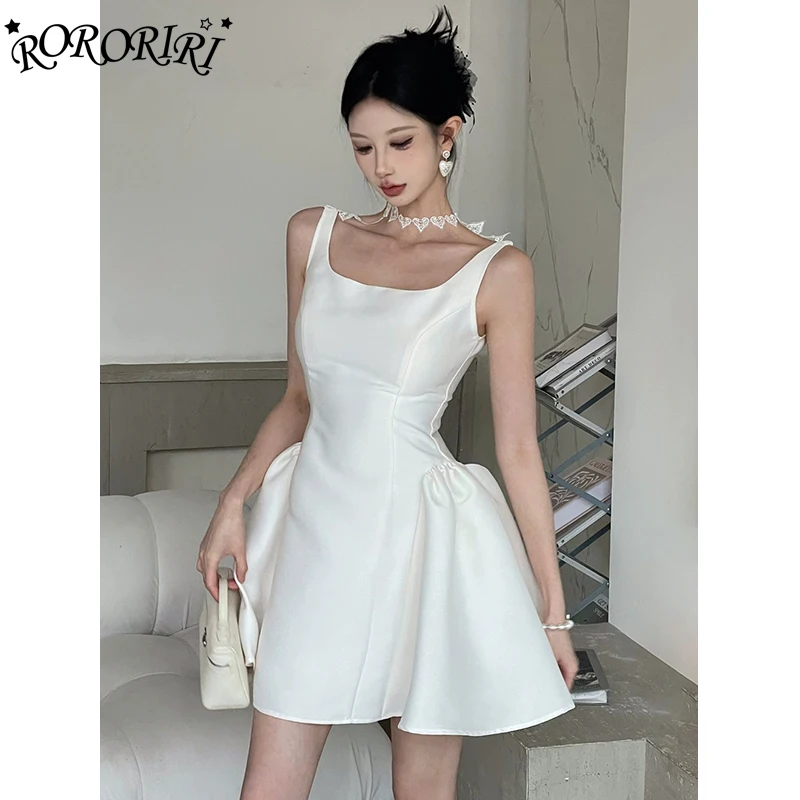 

RORORIRI Desire Stitch Flower Tank Mini Dress Women Sleeveless Open Back Pleated Solid A-line Puffy Dress Vintage Summer Clothes