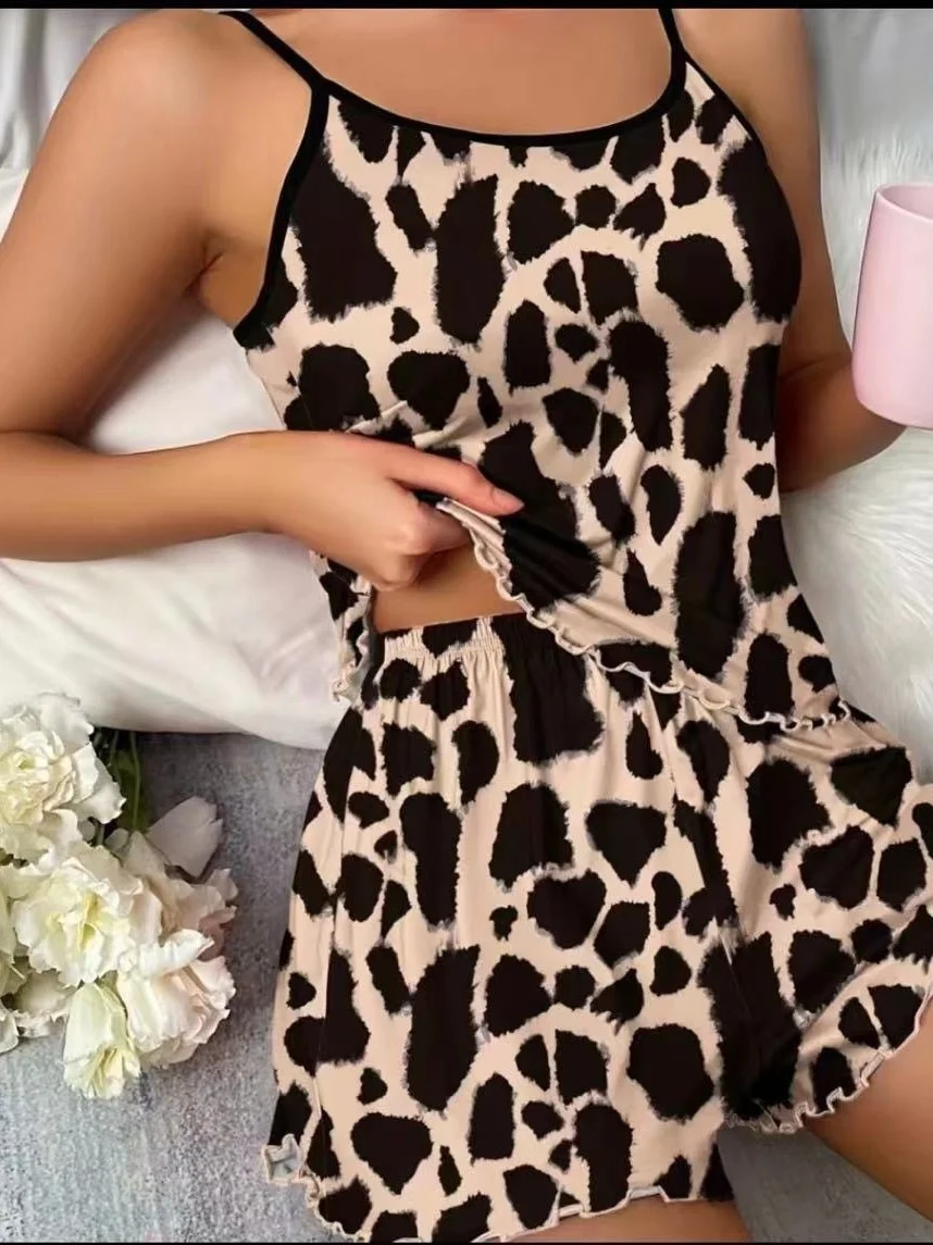 

Sexy Women's Pajama Set Camisole Vest Shorts Home Wear Comfortable Soft Material round Neckline Sleeveless Four Seasons Use