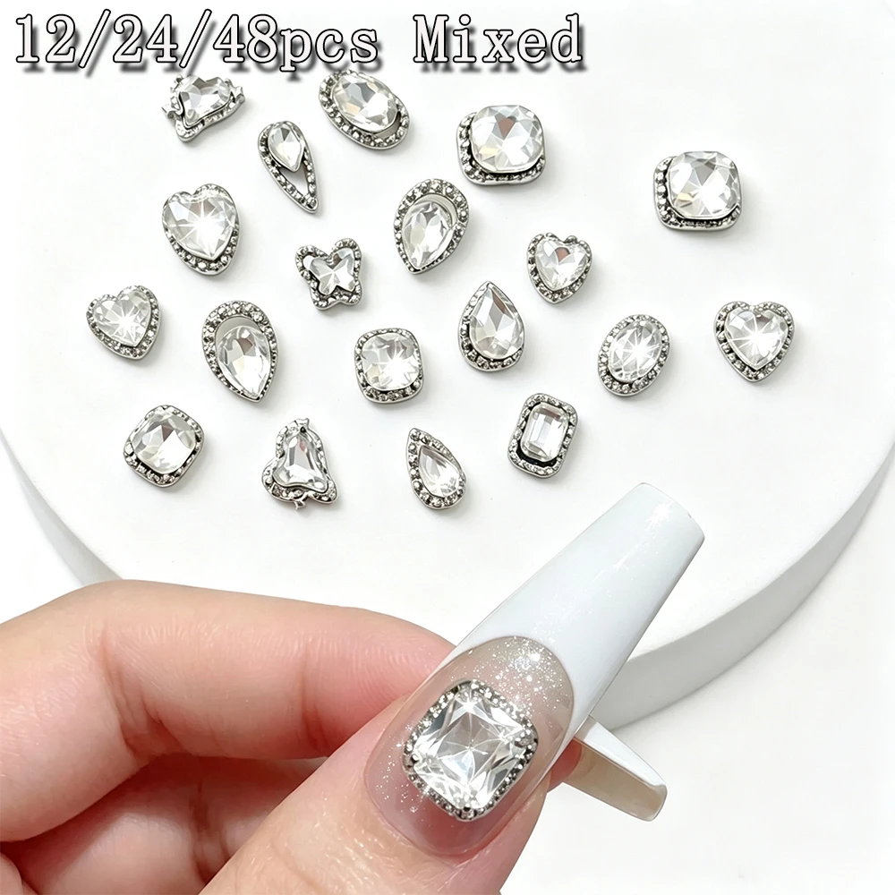 12/24/48Pcs Clear Diamond Nail Art Rhinestone Mixed 3D Ice Transparent Heart/Oval/Square Shape Gem Nail Decoration DIY Nail Jewe
